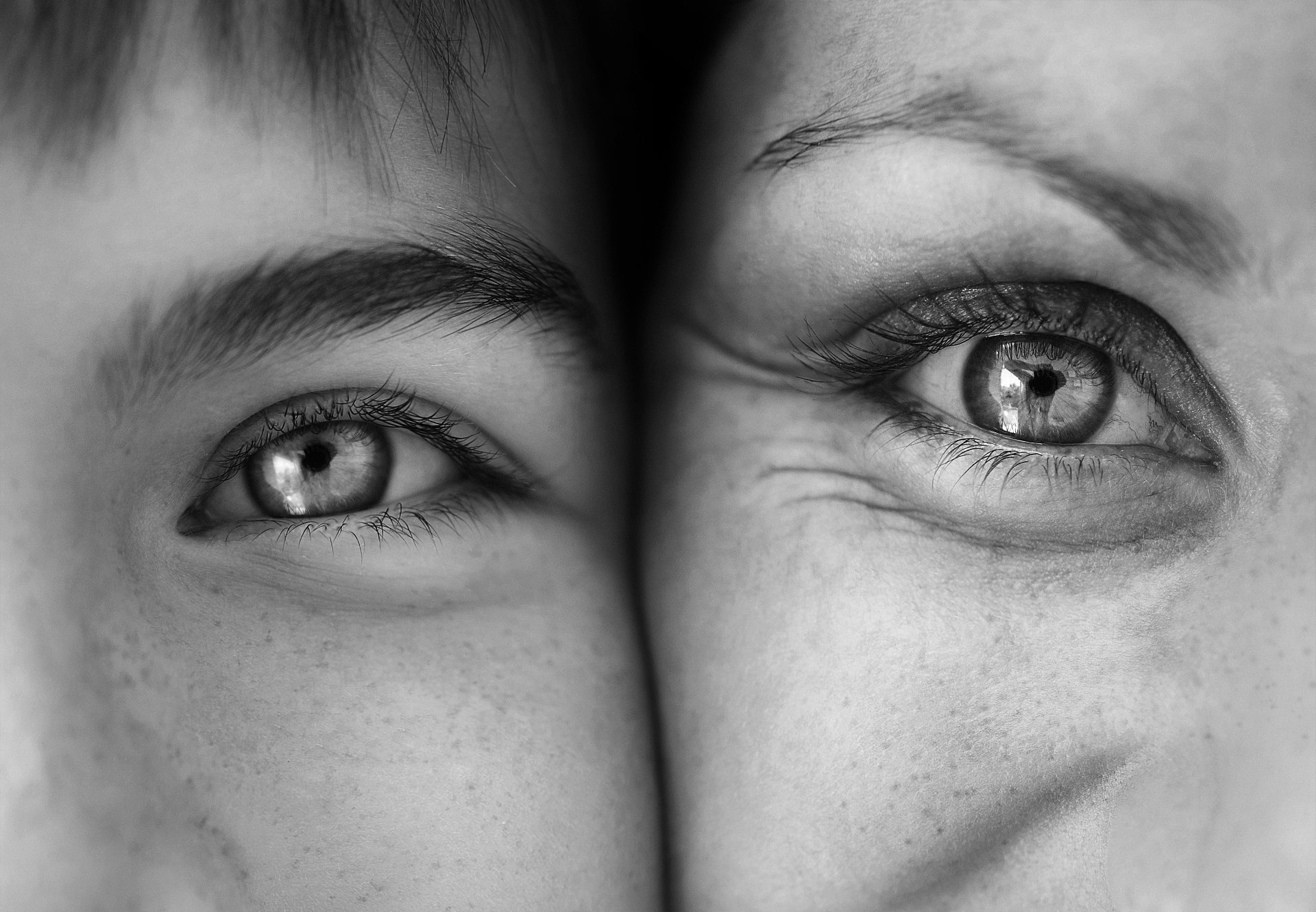 Olho de criança e olho de adulto em preto e branco — assinatura de óculos para toda idade, do primeiro grau à multifocal
